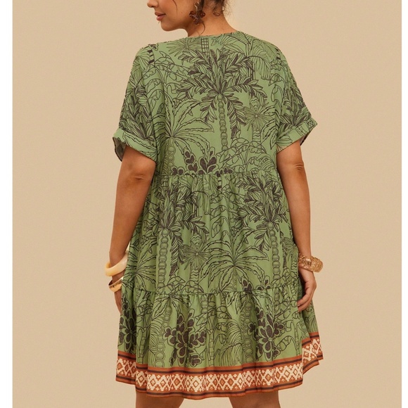 Boho Tropical Print V neck Short Sleeve Ruffle hem Dress - Picture 3 of 3